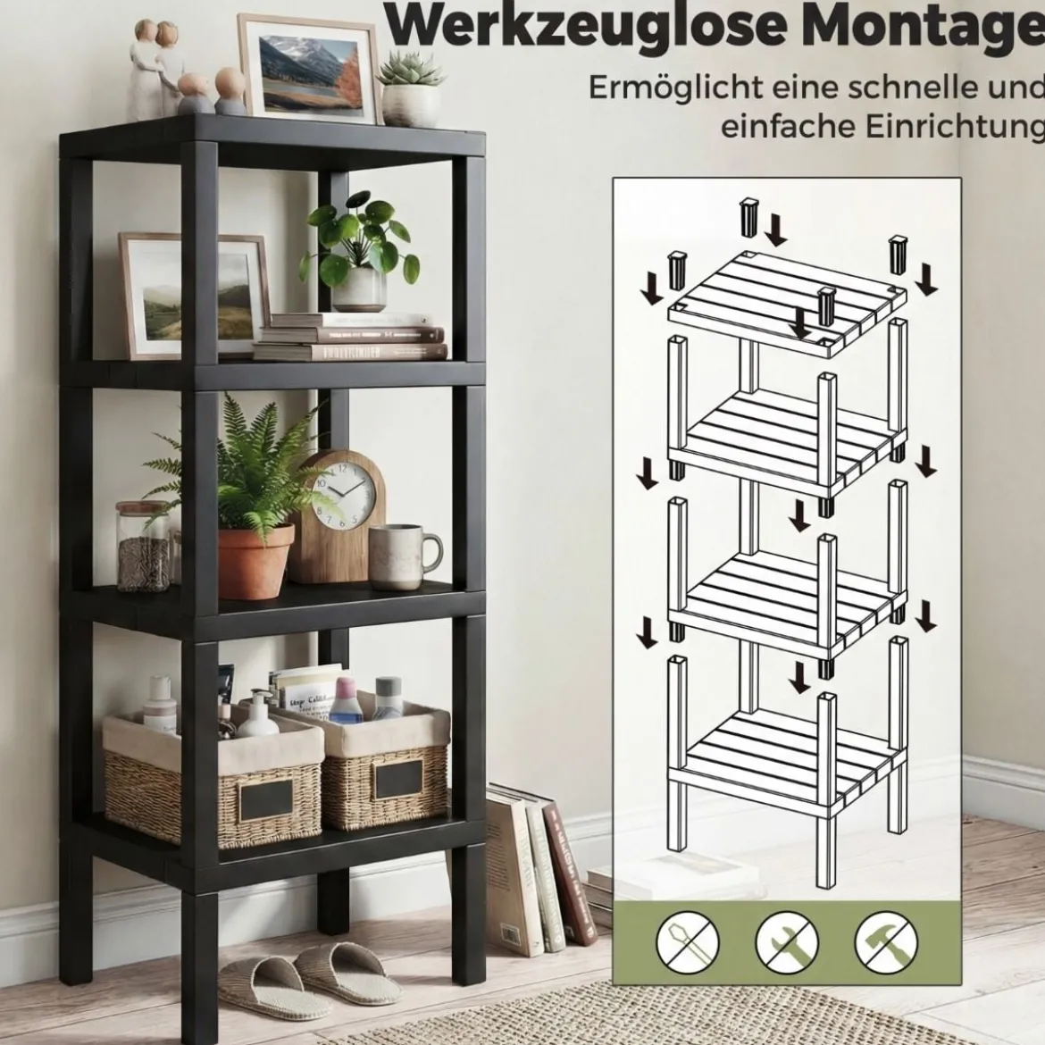 Freistehendes Standregal aus Kunststoff 4 Stufiges Badregal Schmal Küchenregal Schwarz