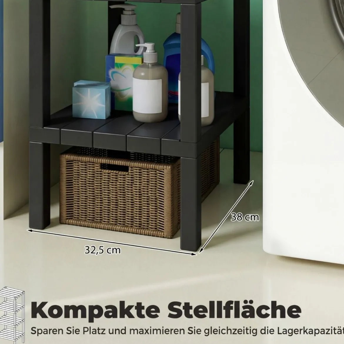 Freistehendes Standregal aus Kunststoff 4 Stufiges Badregal Schmal Küchenregal Schwarz