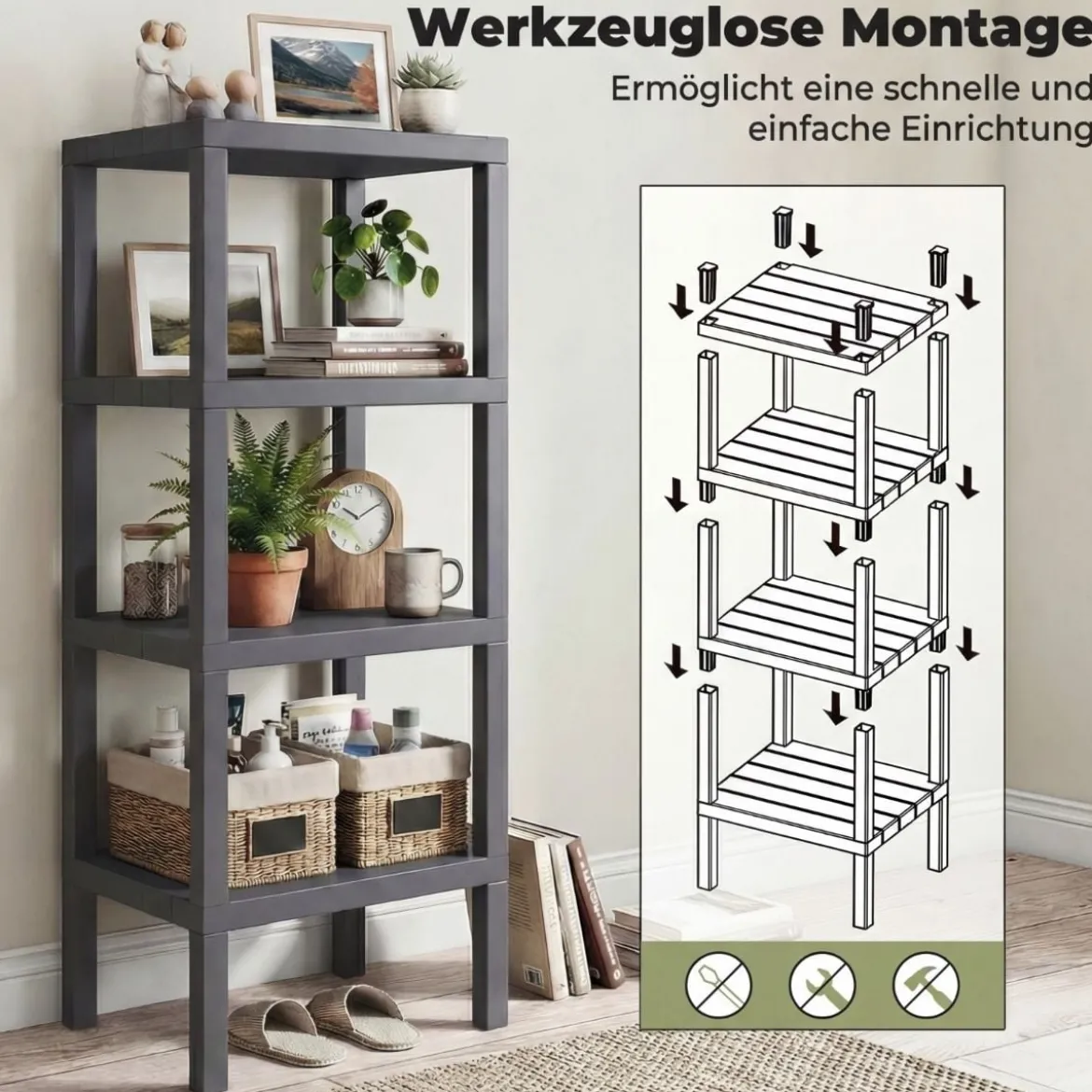 Freistehendes Standregal aus Kunststoff 4 Stufiges Badregal Schmal Küchenregal Grau