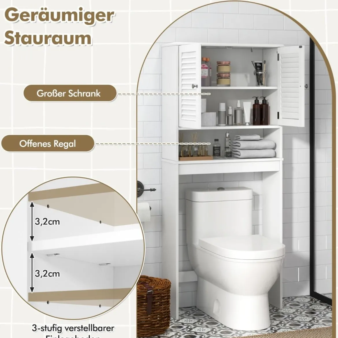 Freistehendes Toilettenregal mit Doppeltür & Verstellbarem Regalen Badezimmerregal Weiß
