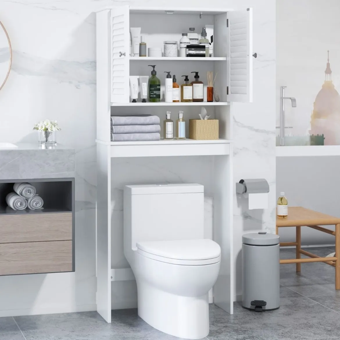 Freistehendes Toilettenregal mit Doppeltür & Verstellbarem Regalen Badezimmerregal Weiß
