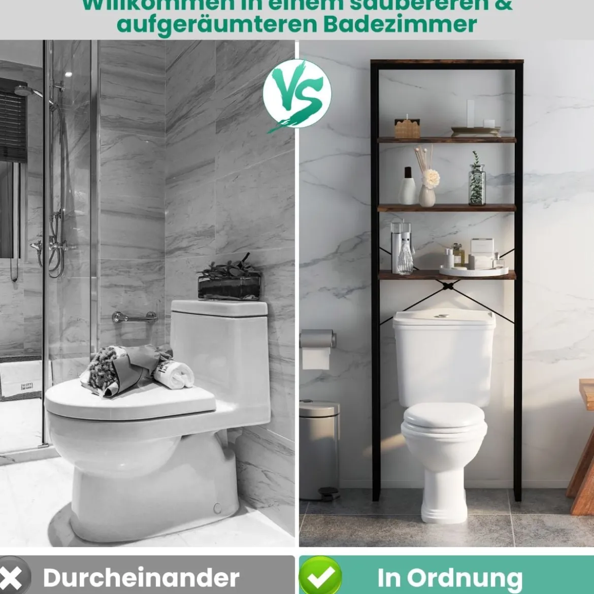 Freistehendes Toilettenregal mit Metallrahmen & Kippschutz 4-stufiges Badezimmerregal