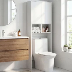 Freistehendes Toilettenregal mit Doppeltür & 2 Offenen Fächern Toilettenschrank mit Verstellbarem Einlegeboden