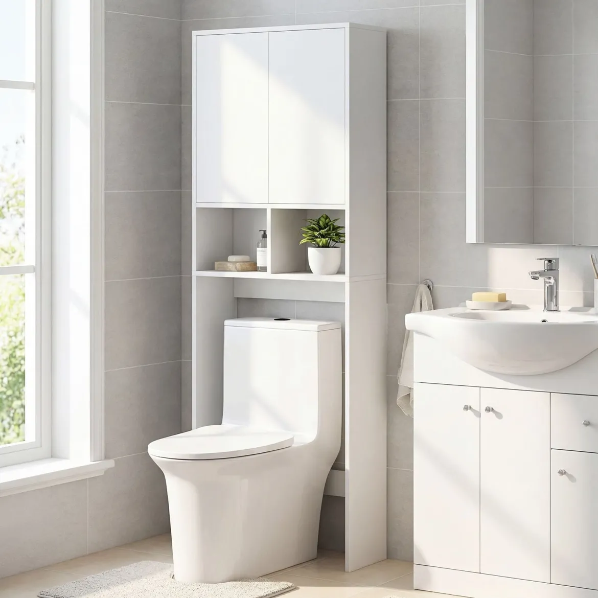 Freistehendes Toilettenregal mit Doppeltür & 2 Offenen Fächern Toilettenschrank mit Verstellbarem Einlegeboden