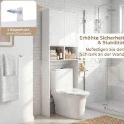 Freistehendes Toilettenregal mit Doppeltür & 2 Offenen Fächern Toilettenschrank mit Verstellbarem Einlegeboden