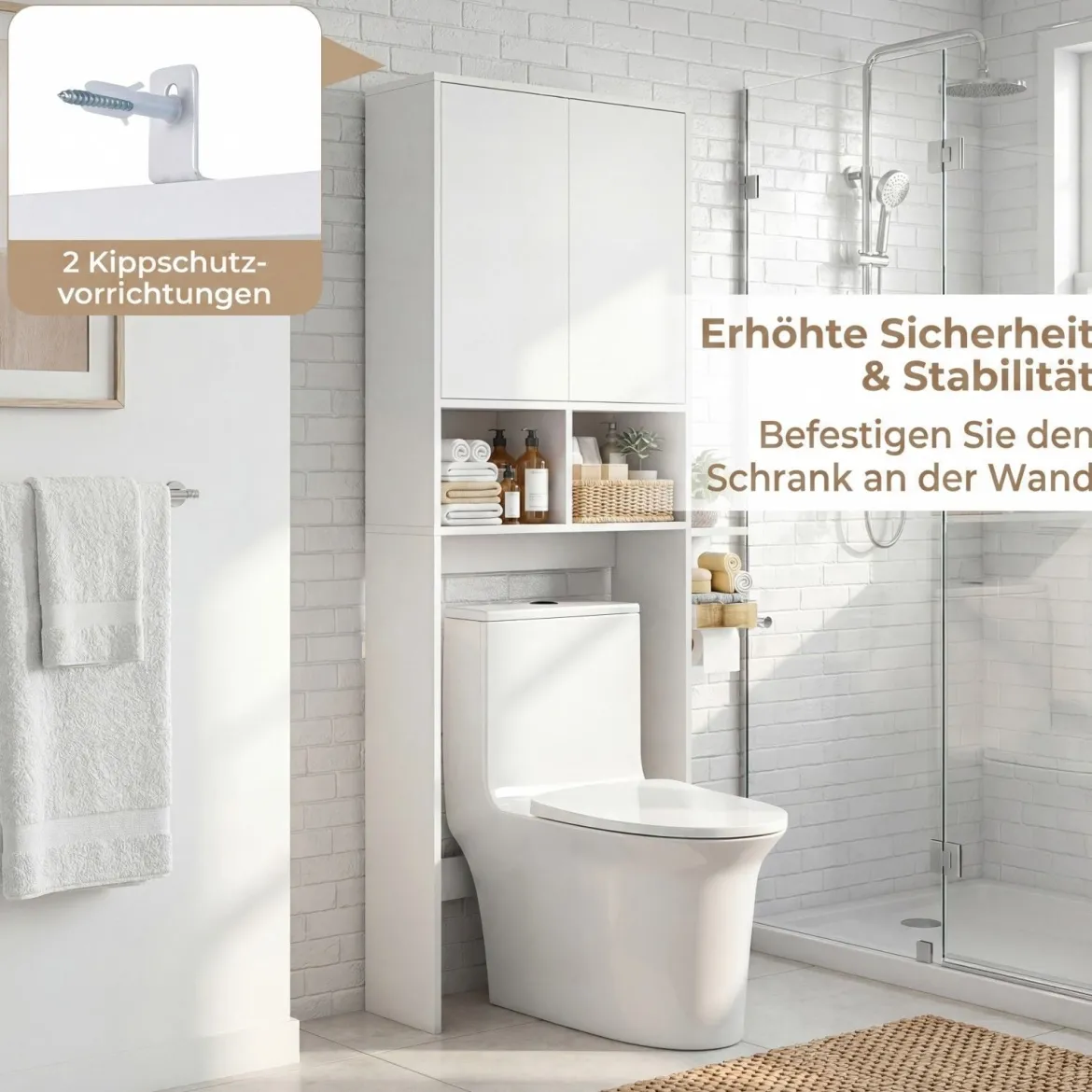 Freistehendes Toilettenregal mit Doppeltür & 2 Offenen Fächern Toilettenschrank mit Verstellbarem Einlegeboden