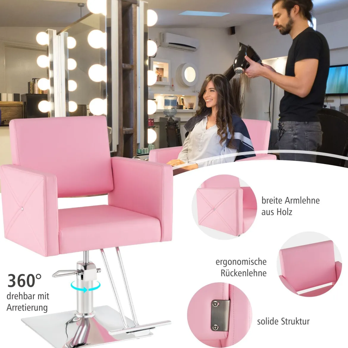 Friseurstuhl Haarsalonstuhl mit schwerer hydraulischer Pumpe Stylistenstuhl für Schönheitsspa Rosa