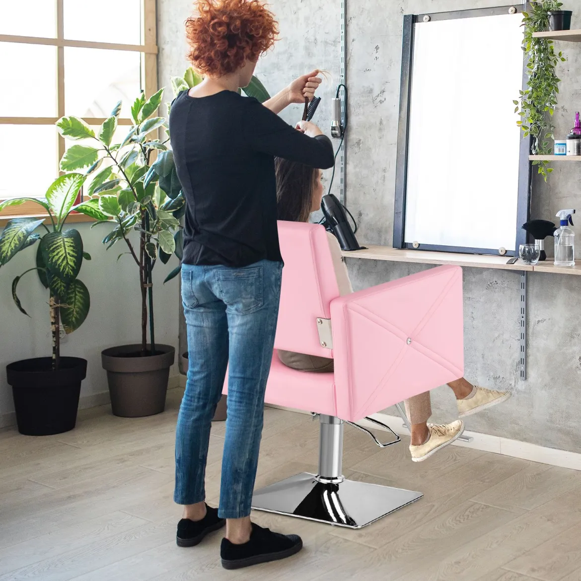 Friseurstuhl Haarsalonstuhl mit schwerer hydraulischer Pumpe Stylistenstuhl für Schönheitsspa Rosa