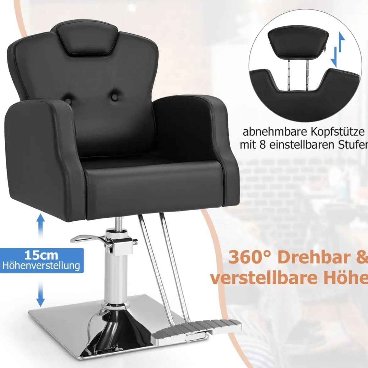 Friseurstuhl mit Kopfstütze & Rückenlehne & Hydraulikpumpe Höhenverstellbarer Salonstuhl
