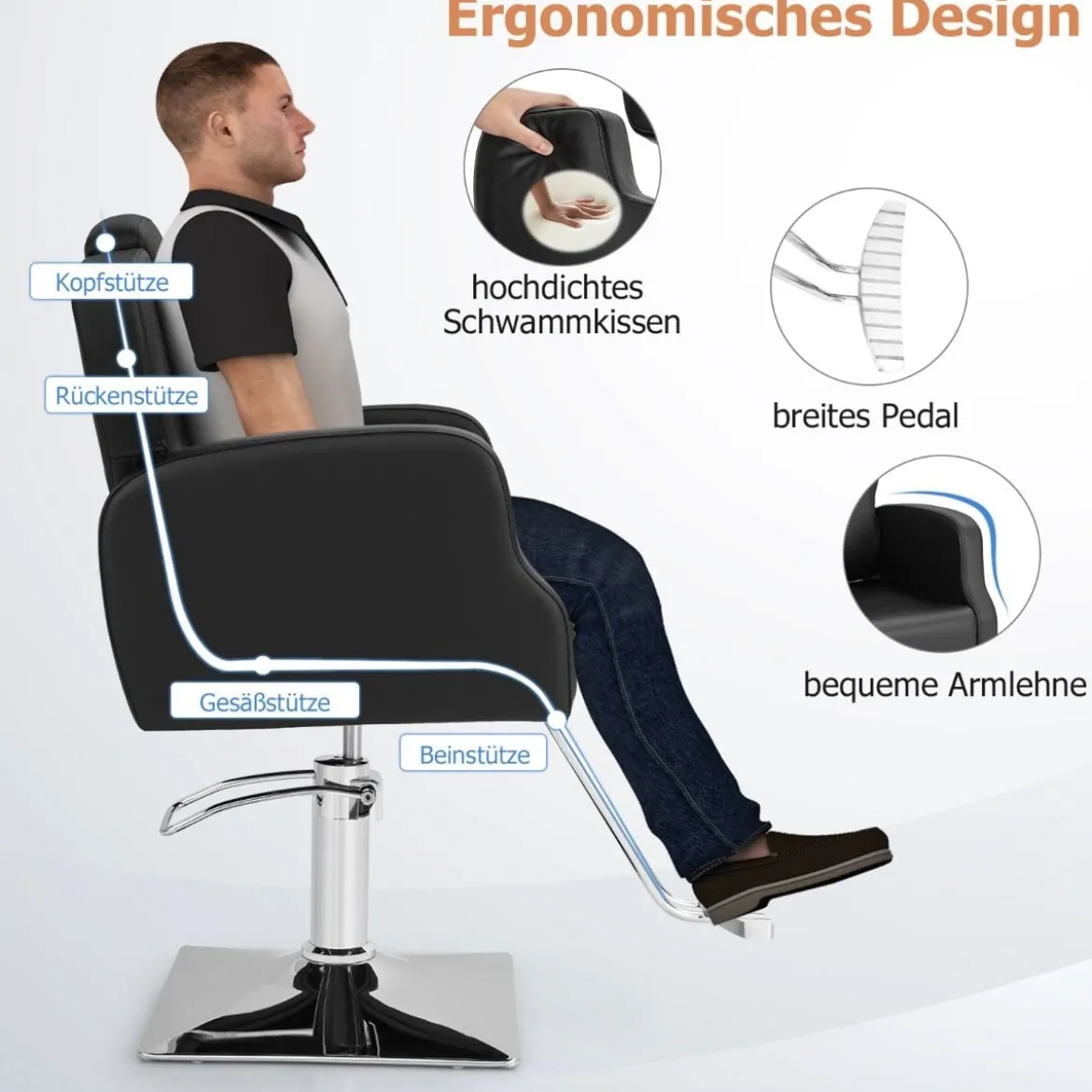 Friseurstuhl mit Kopfstütze & Rückenlehne & Hydraulikpumpe Höhenverstellbarer Salonstuhl