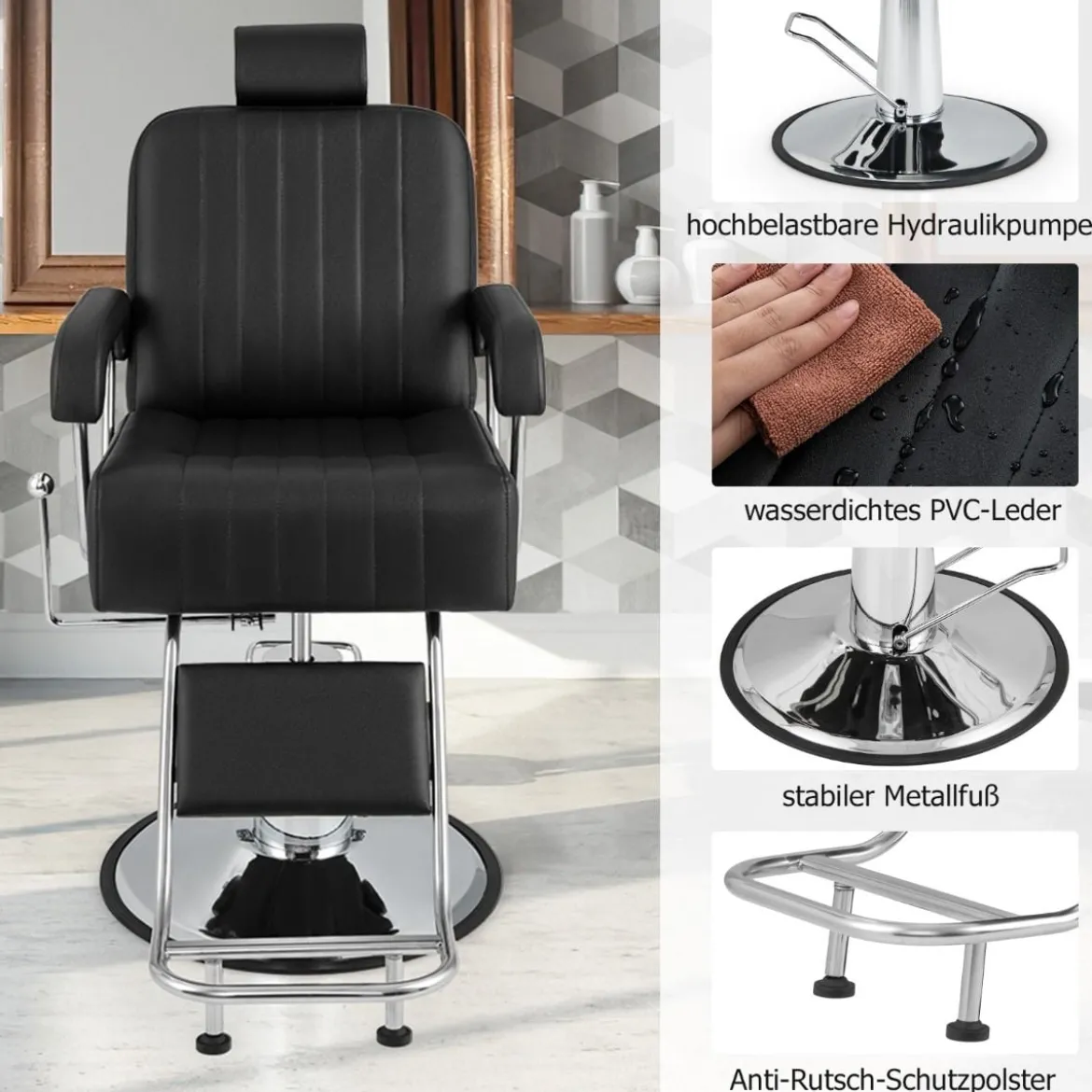 Friseurstuhl mit Kopfstütze & Rückenlehne & Hydraulikpumpe 360° Drehung Friseursessel