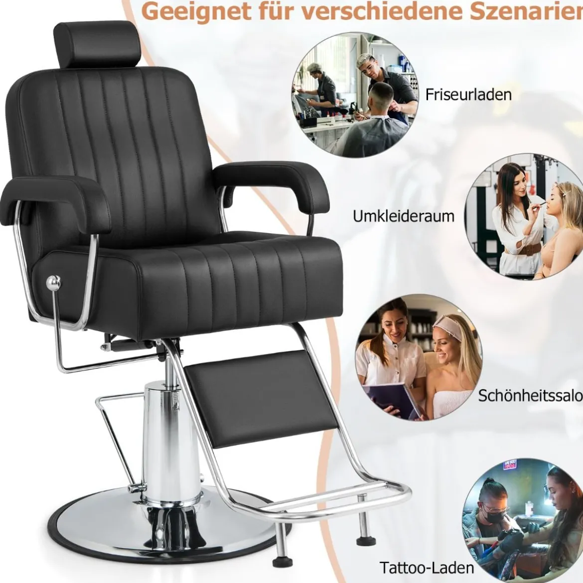 Friseurstuhl mit Kopfstütze & Rückenlehne & Hydraulikpumpe 360° Drehung Friseursessel