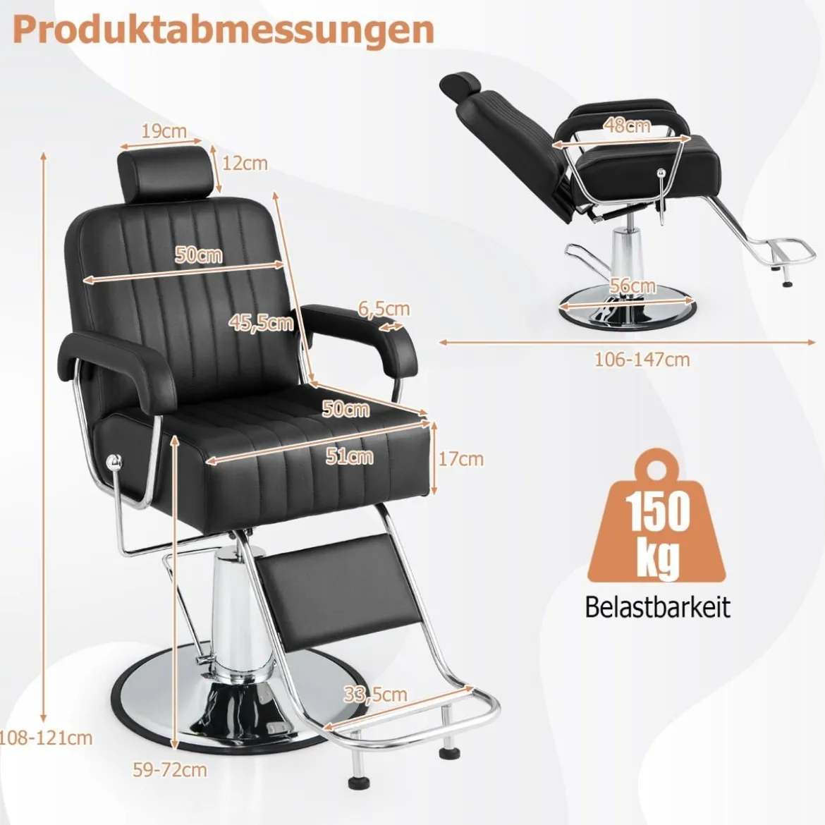 Friseurstuhl mit Kopfstütze & Rückenlehne & Hydraulikpumpe 360° Drehung Friseursessel