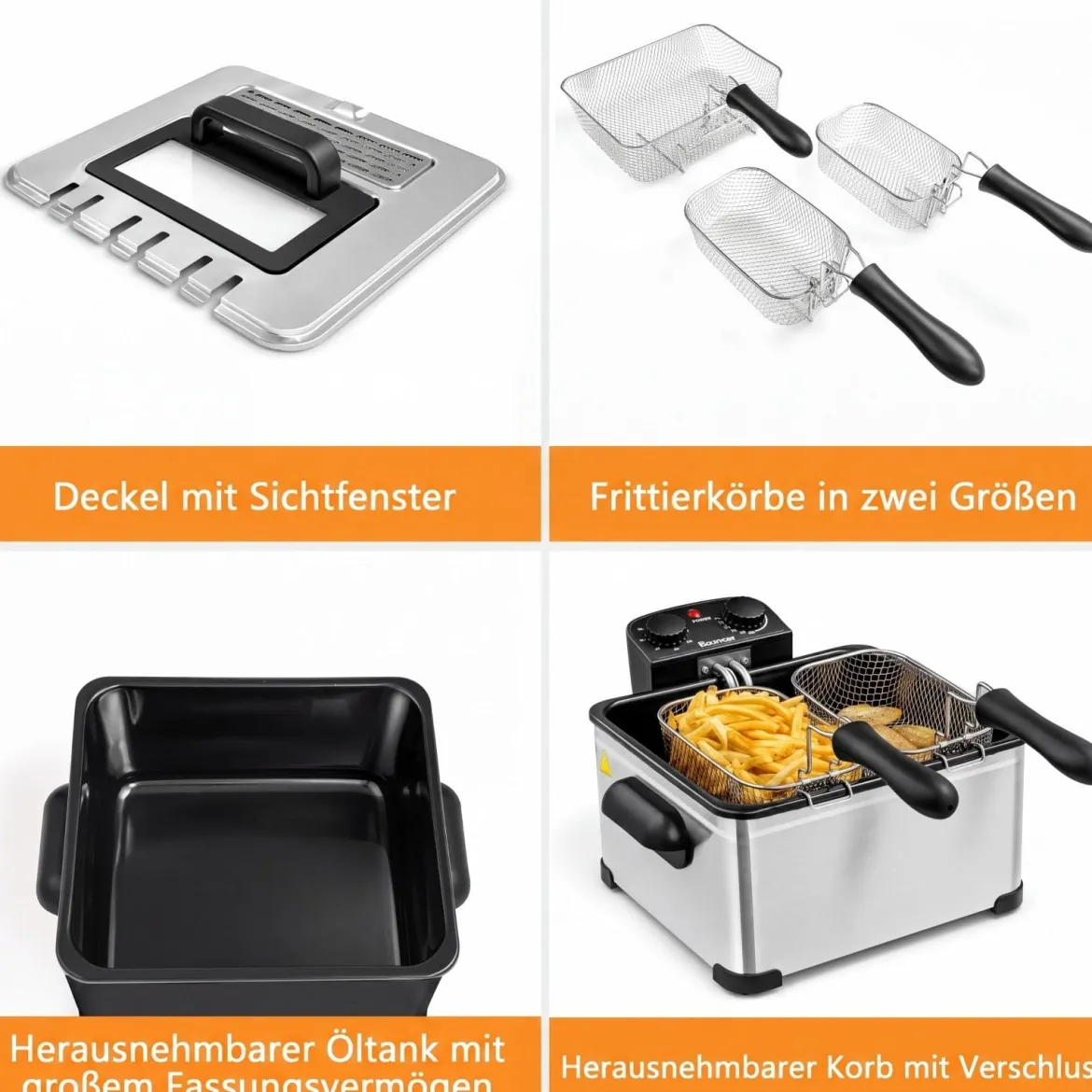 Fritteuse mit Fett 5 L aus Edelstahl 1700 W mit 3 Frittierkörben Sichtfenster & Wärmeisolierter Griff