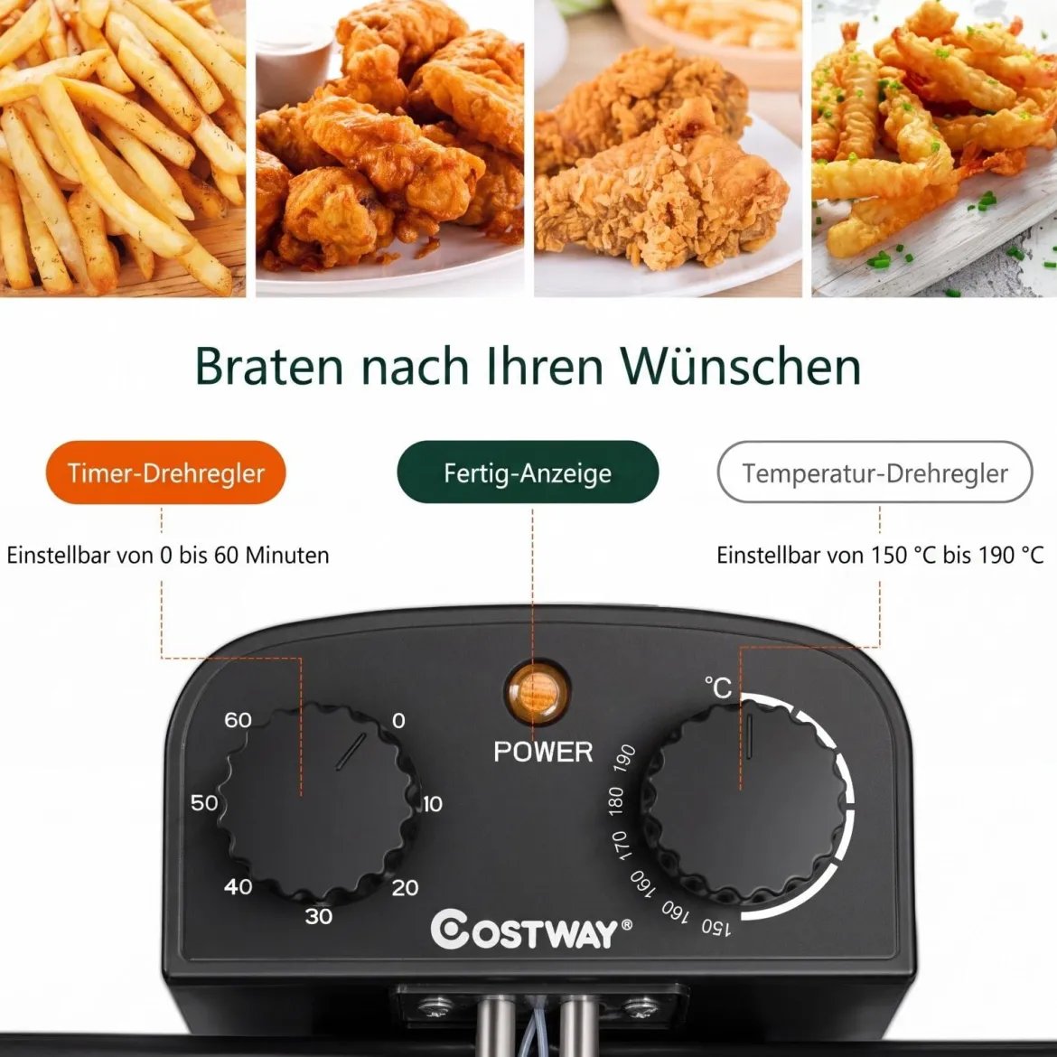 Fritteuse mit Fett 5 L aus Edelstahl 1700 W mit 3 Frittierkörben Sichtfenster & Wärmeisolierter Griff