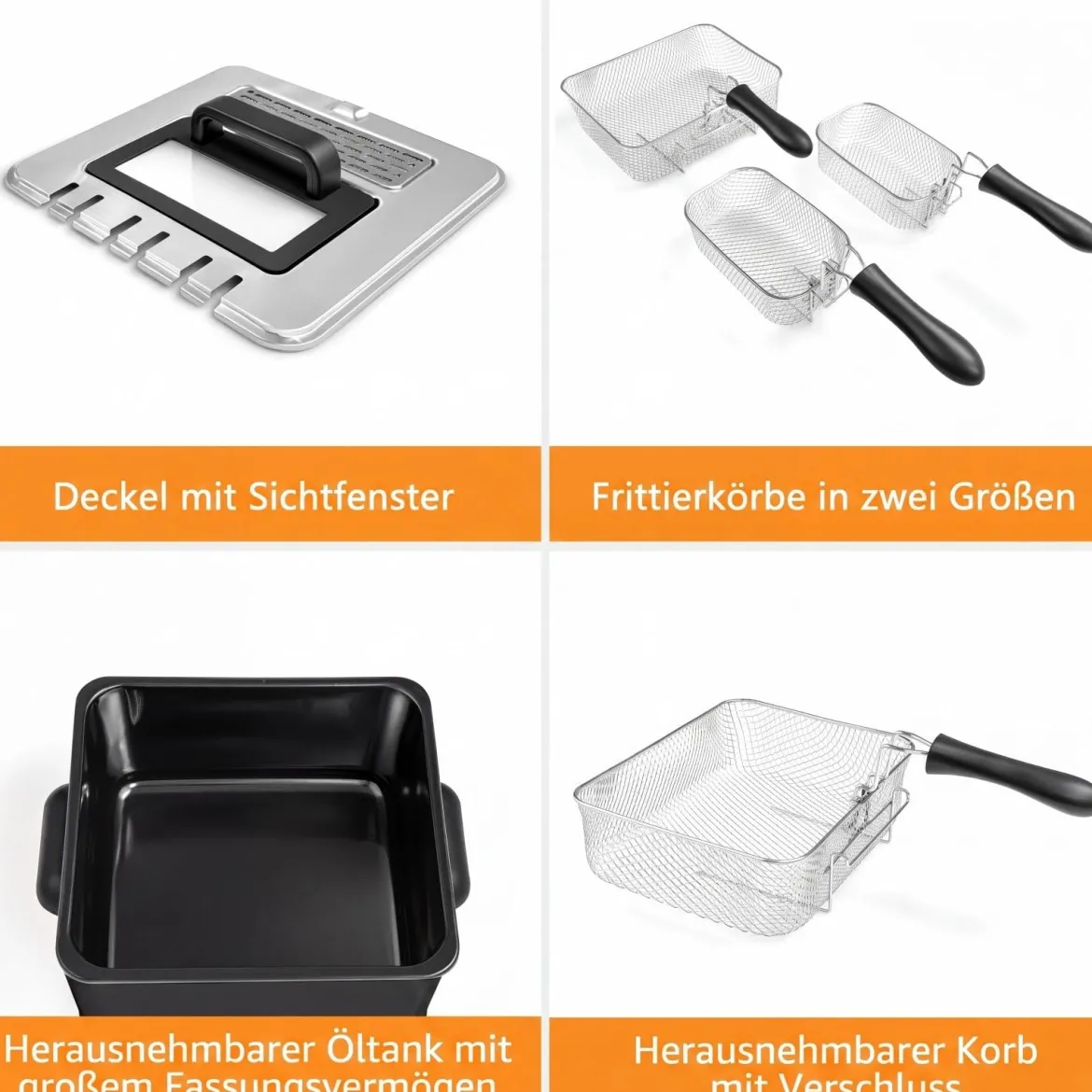 Fritteuse mit Fett 5 L aus Edelstahl 1700 W mit 3 Frittierkörben Sichtfenster & Wärmeisolierter Griff