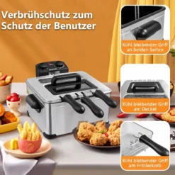 Fritteuse mit Fett 5 L aus Edelstahl 1700 W mit 3 Frittierkörben Sichtfenster & Wärmeisolierter Griff