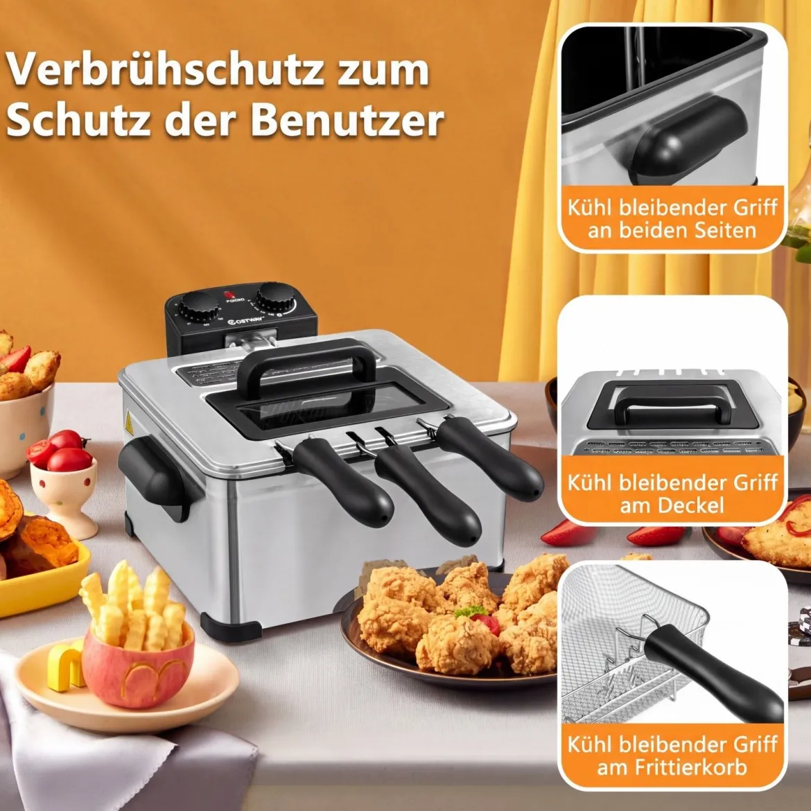 Fritteuse mit Fett 5 L aus Edelstahl 1700 W mit 3 Frittierkörben Sichtfenster & Wärmeisolierter Griff