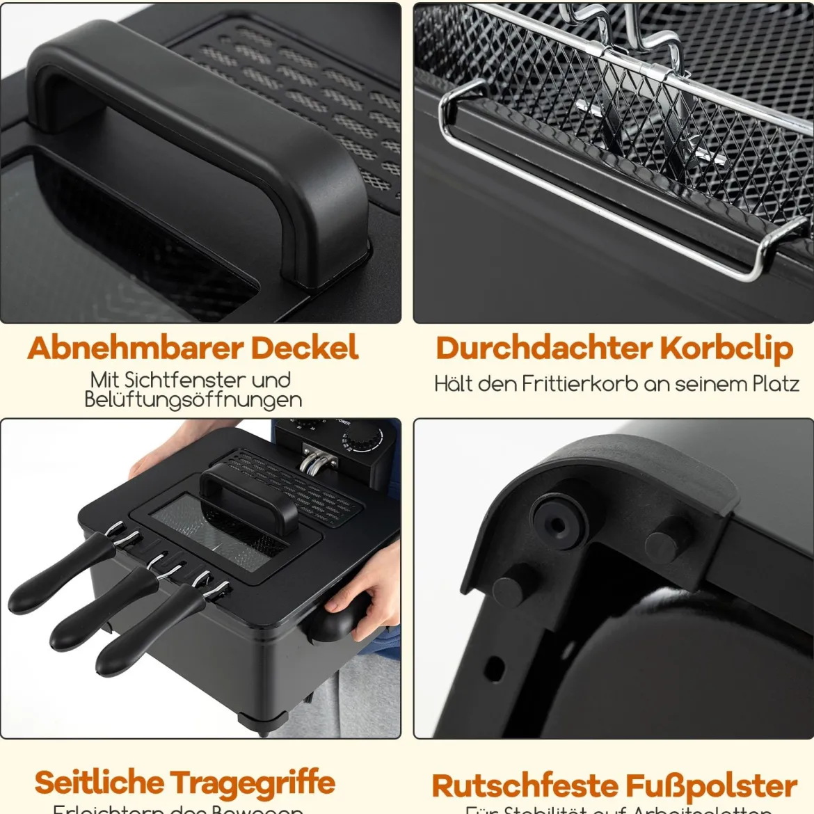 Fritteuse 1700W elektrische Friteuse 5L Frittiertopf mit 1 großen und 2 kleinen Körben Schwarz