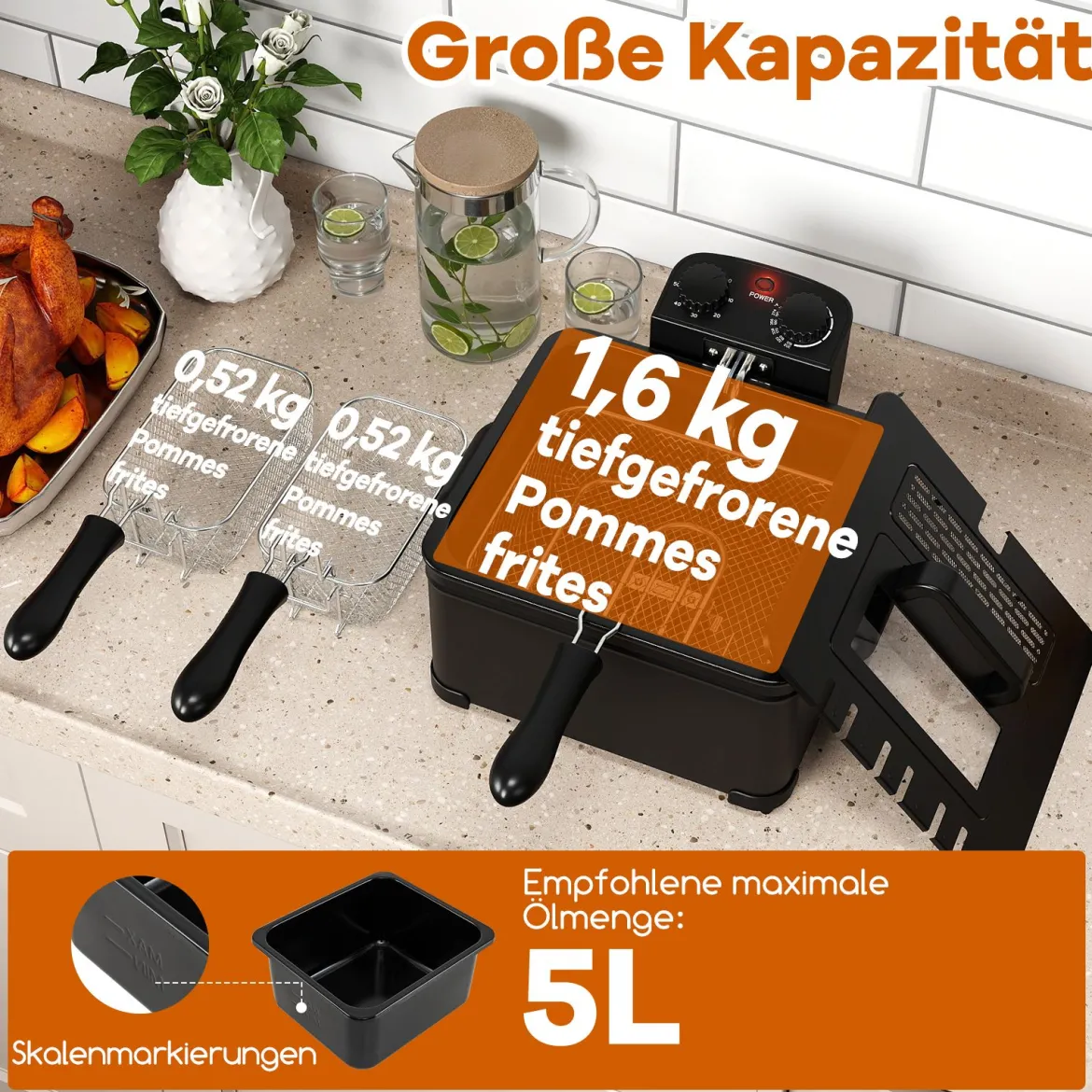 Fritteuse 1700W elektrische Friteuse 5L Frittiertopf mit 1 großen und 2 kleinen Körben Schwarz