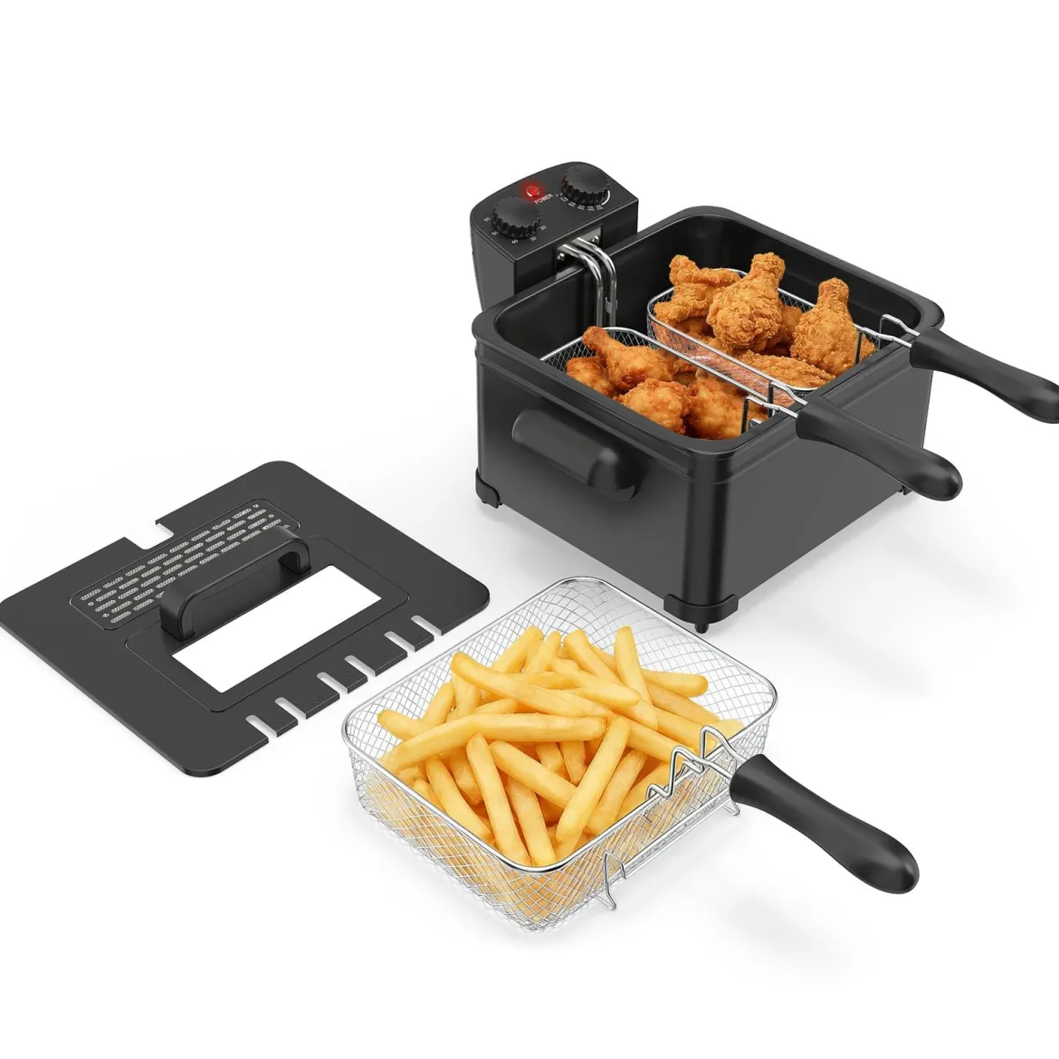 Fritteuse 1700W elektrische Friteuse 5L Frittiertopf mit 1 großen und 2 kleinen Körben Schwarz