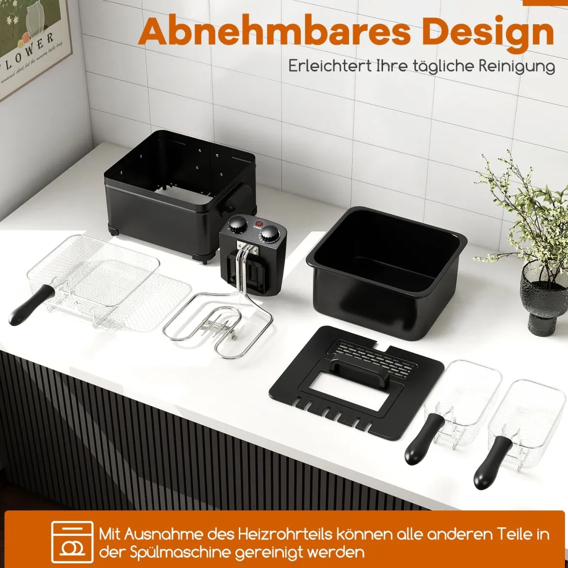 Fritteuse 1700W elektrische Friteuse 5L Frittiertopf mit 1 großen und 2 kleinen Körben Schwarz
