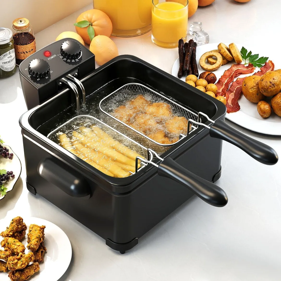 Fritteuse 1700W elektrische Friteuse 5L Frittiertopf mit 1 großen und 2 kleinen Körben Schwarz