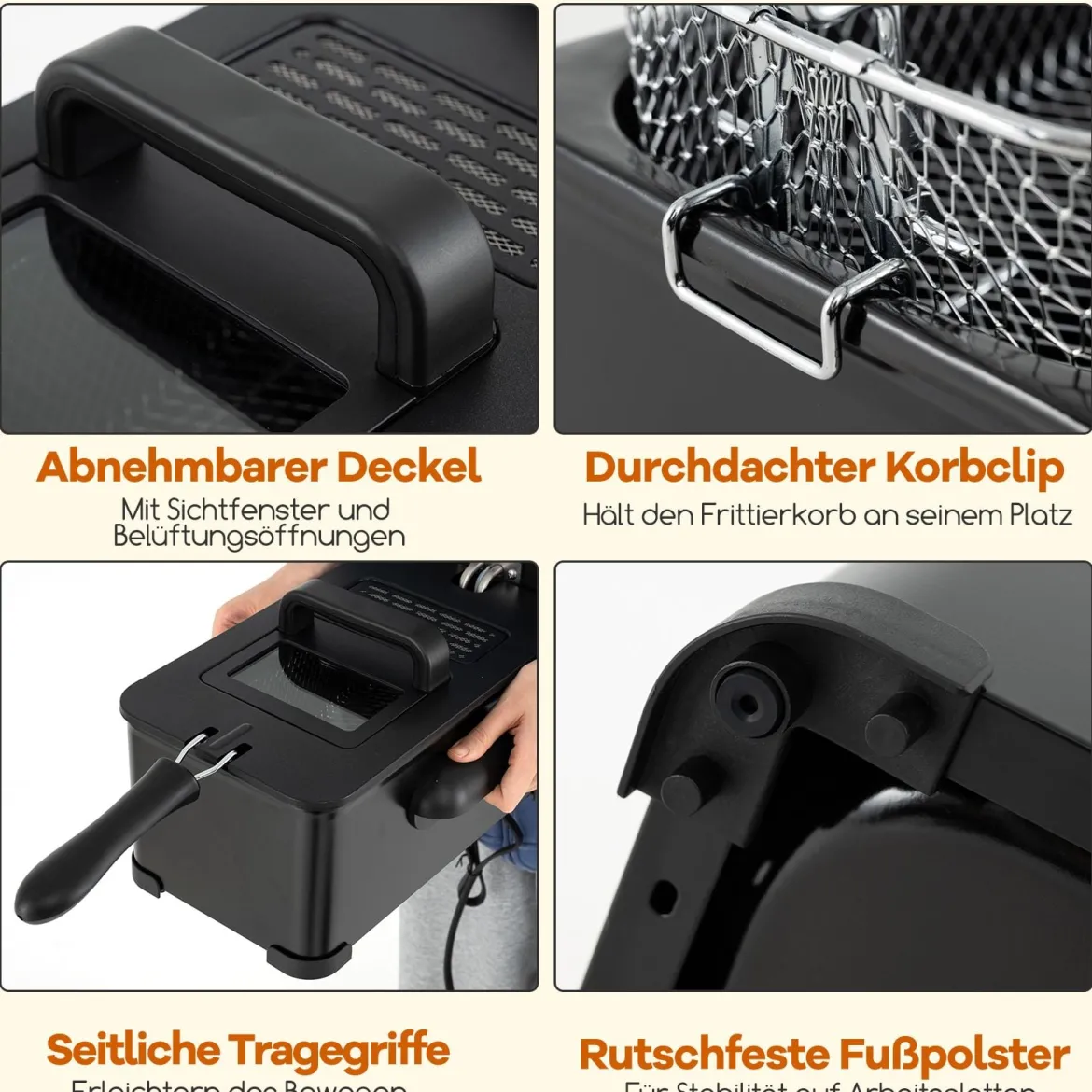 Fritteuse 2000 W Friteuse mit 3 L Öl Kapazität Fettfriteuse mit einstellbarem Thermostat 150-190℃ Schwarz