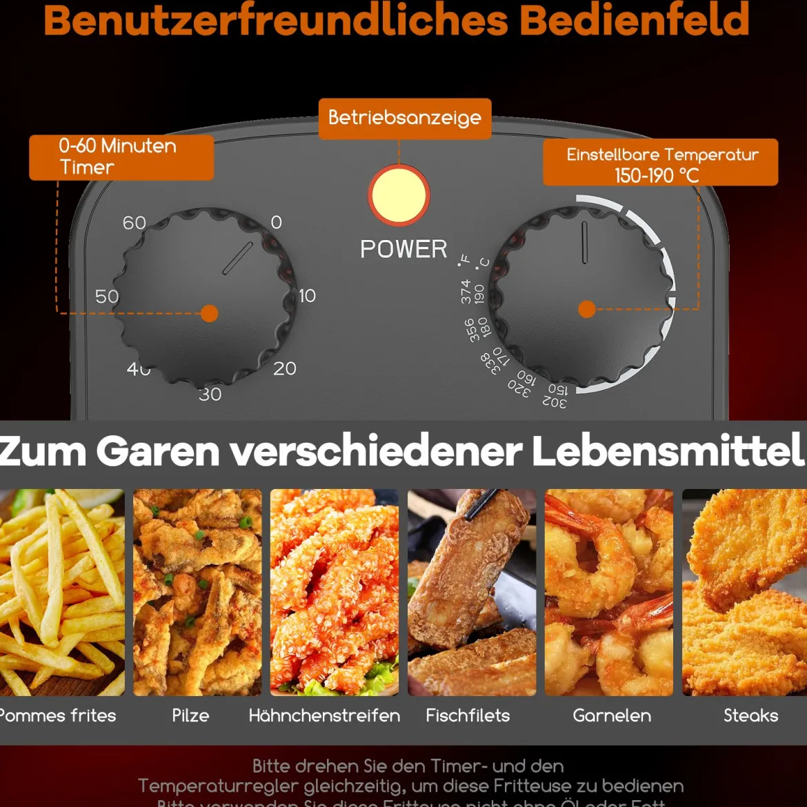Fritteuse 2000 W Friteuse mit 3 L Öl Kapazität Fettfriteuse mit einstellbarem Thermostat 150-190℃ Schwarz