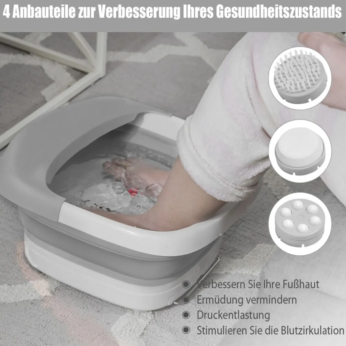 Fußbad Massagegerät faltbar Elektrische Fußbadewanne Heizung und Sprudelmassage Fußmassage Spa mit Massagerollen Grau