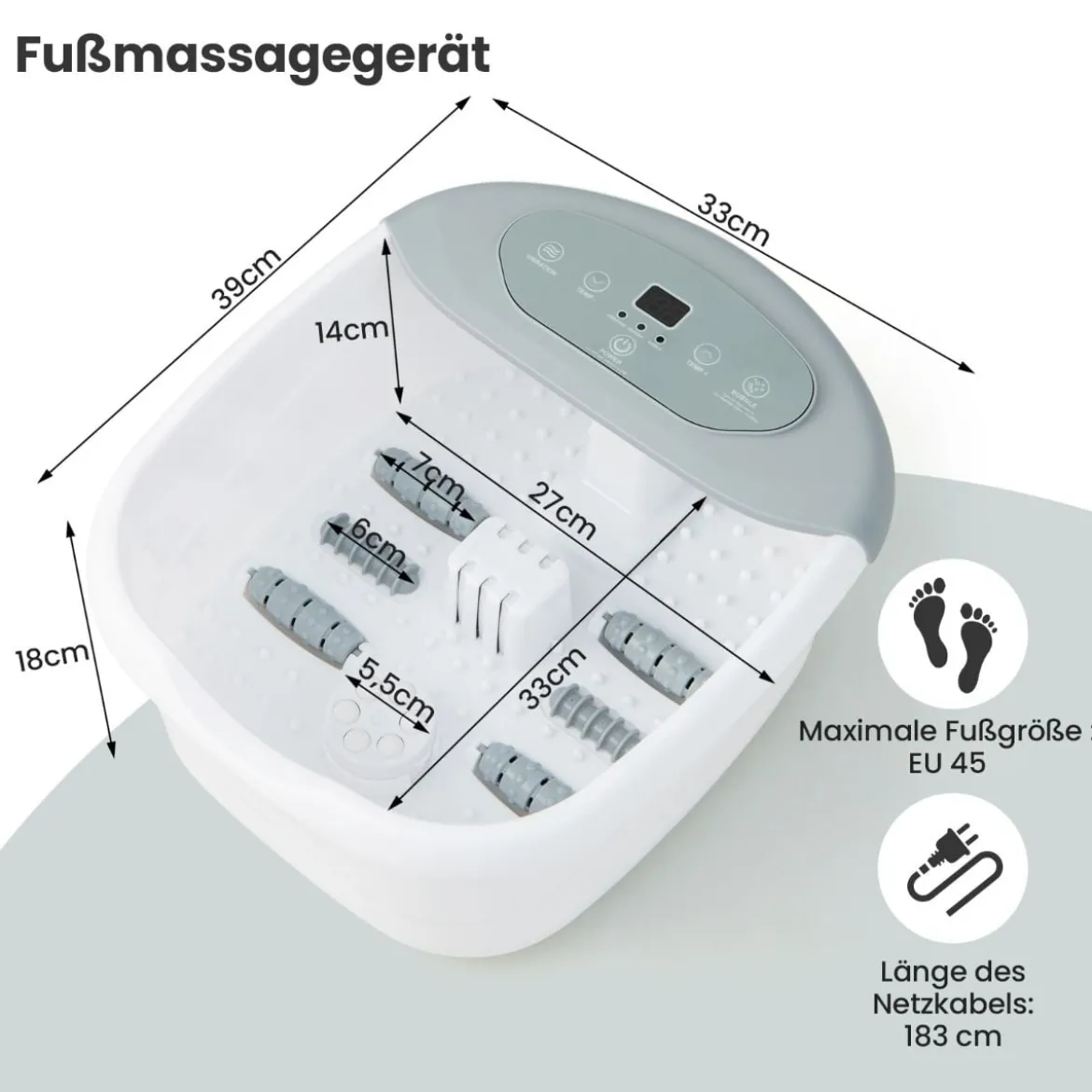 Fuß-Massagegerät Fussbad Fussbadewanne mit abnehmbarem Pediküre-Stein 1-stündiger automatischer Abschaltung Grau