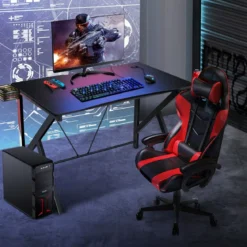 Gaming-Schreibtisch Ergonomischer K-förmiger Computer-Schreibtisch mit Videoablage Schwarz