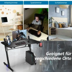 Gaming-Schreibtisch höhenverstellbarer Computertisch mit blauer LED-Beleuchtung Schwarz