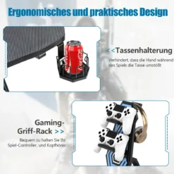 Gaming-Schreibtisch höhenverstellbarer Computertisch mit blauer LED-Beleuchtung Schwarz