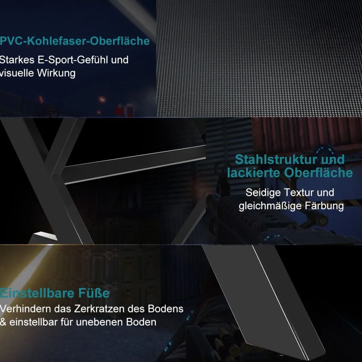 Gaming-Schreibtisch mit Getränkehalter Kopfhörerhaken & Mauspad Schwarz
