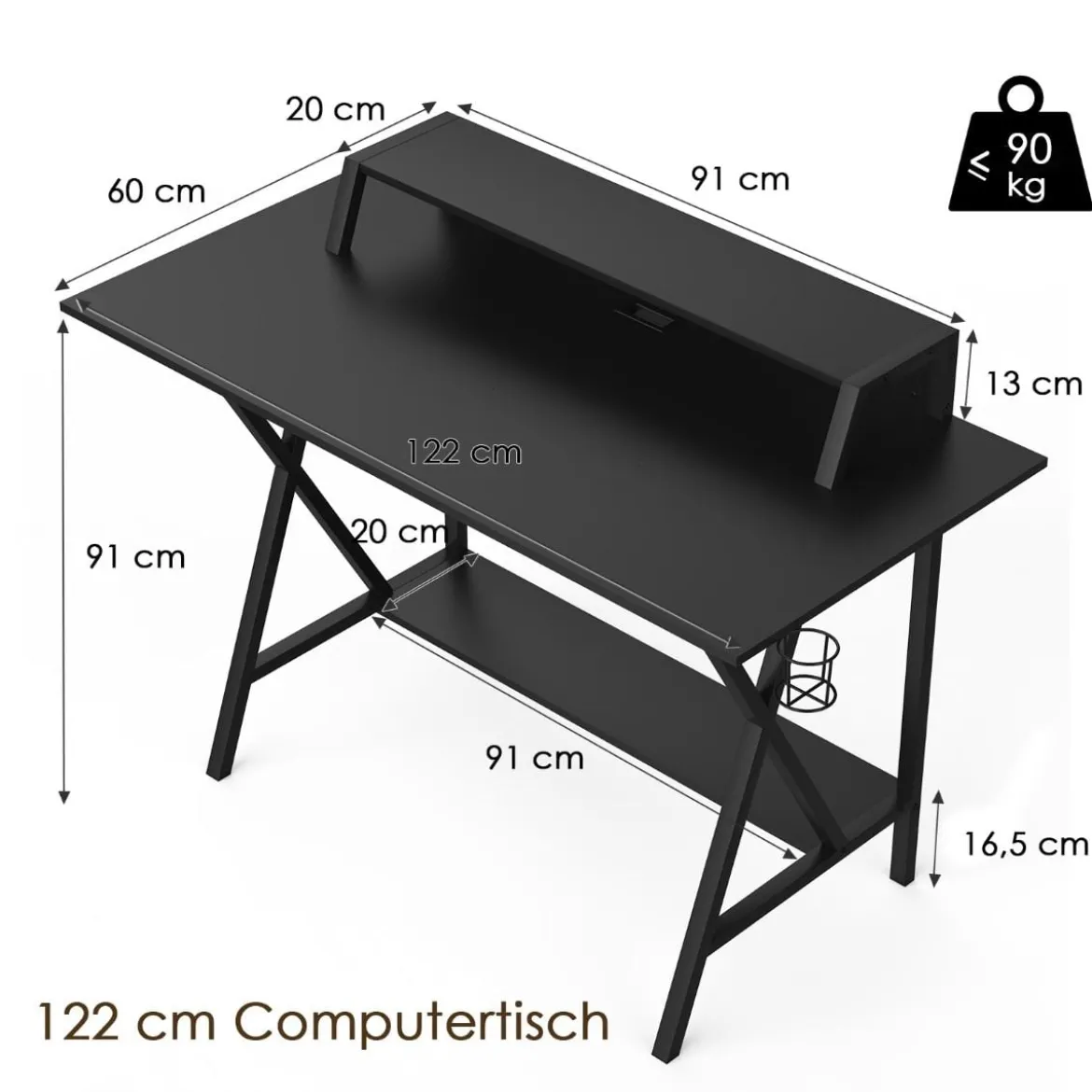 Gaming Schreibtisch 122 x 60 cm Großer Gaming Tisch mit Monitorständer & Getränkehalter Schwarz