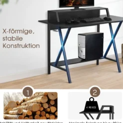 Gaming Schreibtisch 122 x 60 cm Großer Gaming Tisch mit Monitorständer & Getränkehalter Schwarz