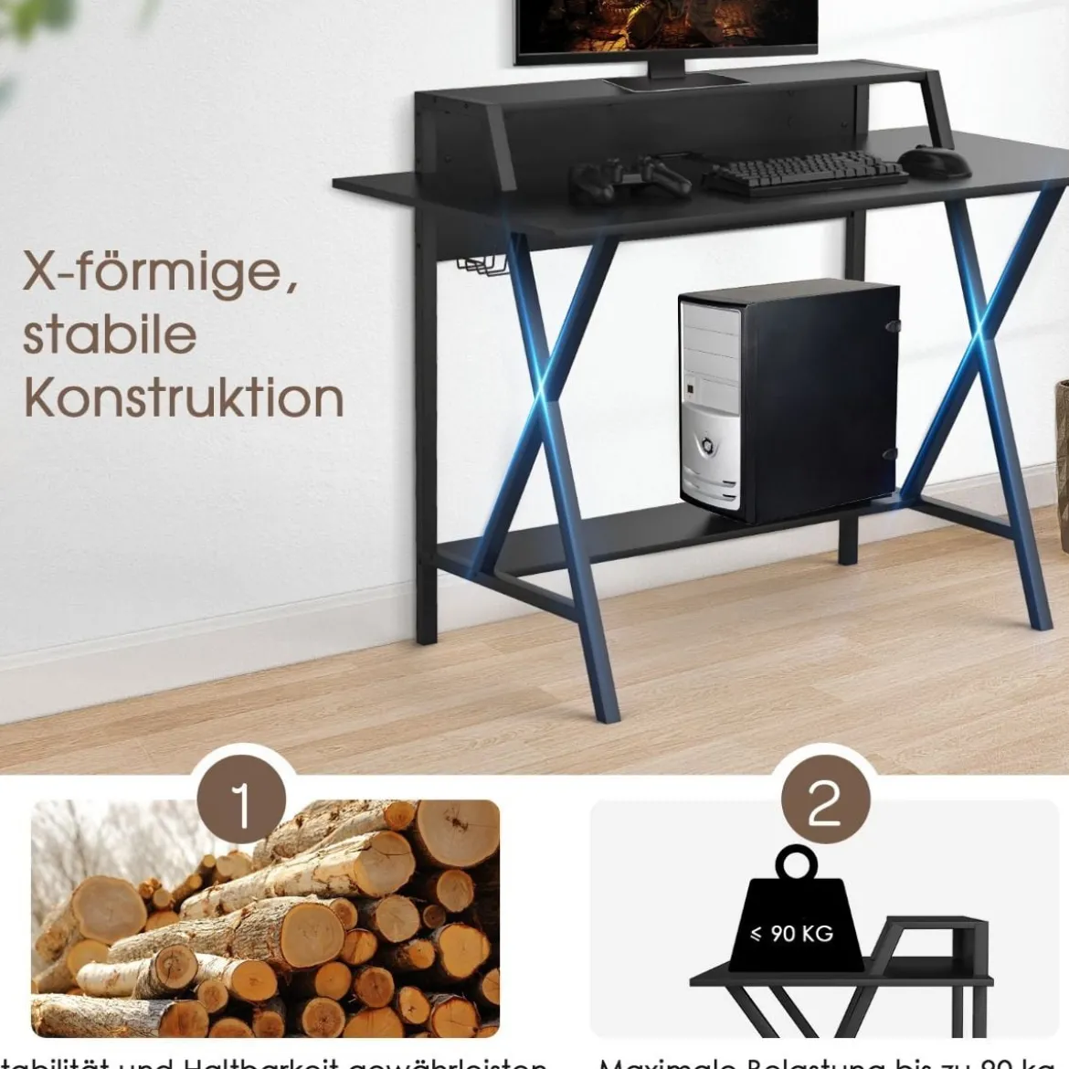 Gaming Schreibtisch 122 x 60 cm Großer Gaming Tisch mit Monitorständer & Getränkehalter Schwarz