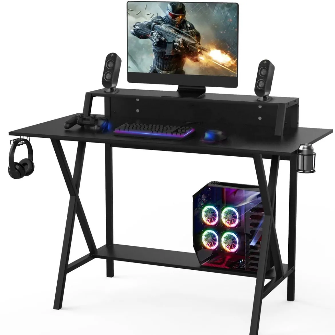 Gaming Schreibtisch 122 x 60 cm Großer Gaming Tisch mit Monitorständer & Getränkehalter Schwarz