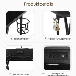 Gaming Schreibtisch 122 x 60 cm Großer Gaming Tisch mit Monitorständer & Getränkehalter Schwarz