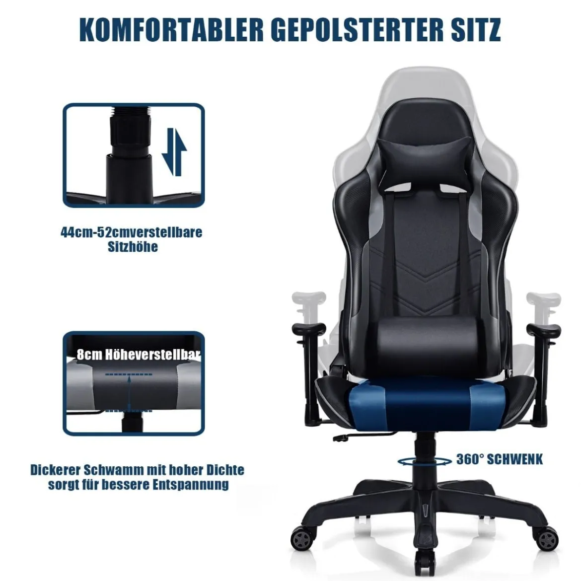 Gamingstuhl auf Rollen Gepolsterter Leder Computerstuhl mit Hoher Rückenlehne