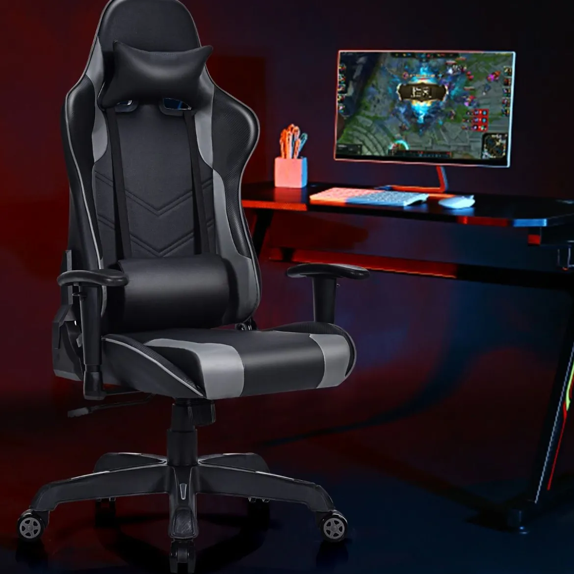 Gamingstuhl auf Rollen Gepolsterter Leder Computerstuhl mit Hoher Rückenlehne