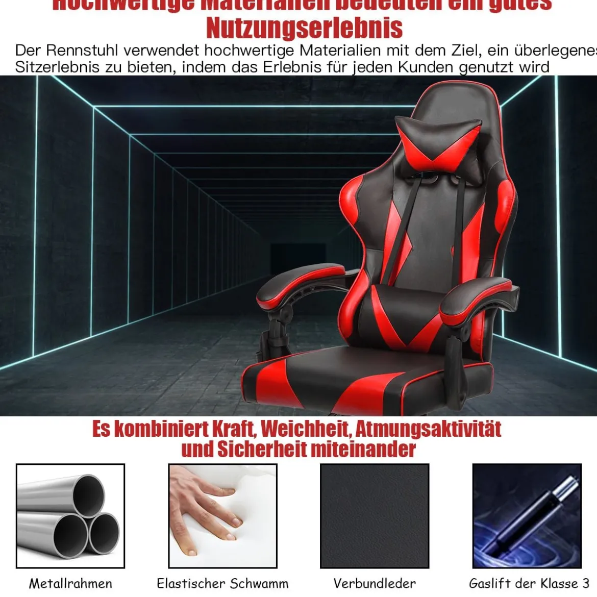 Gaming Stuhl Ergonomisch Racing Schreibtischstuhl Drehstuhl Chefsessel Bürostuhl Rot