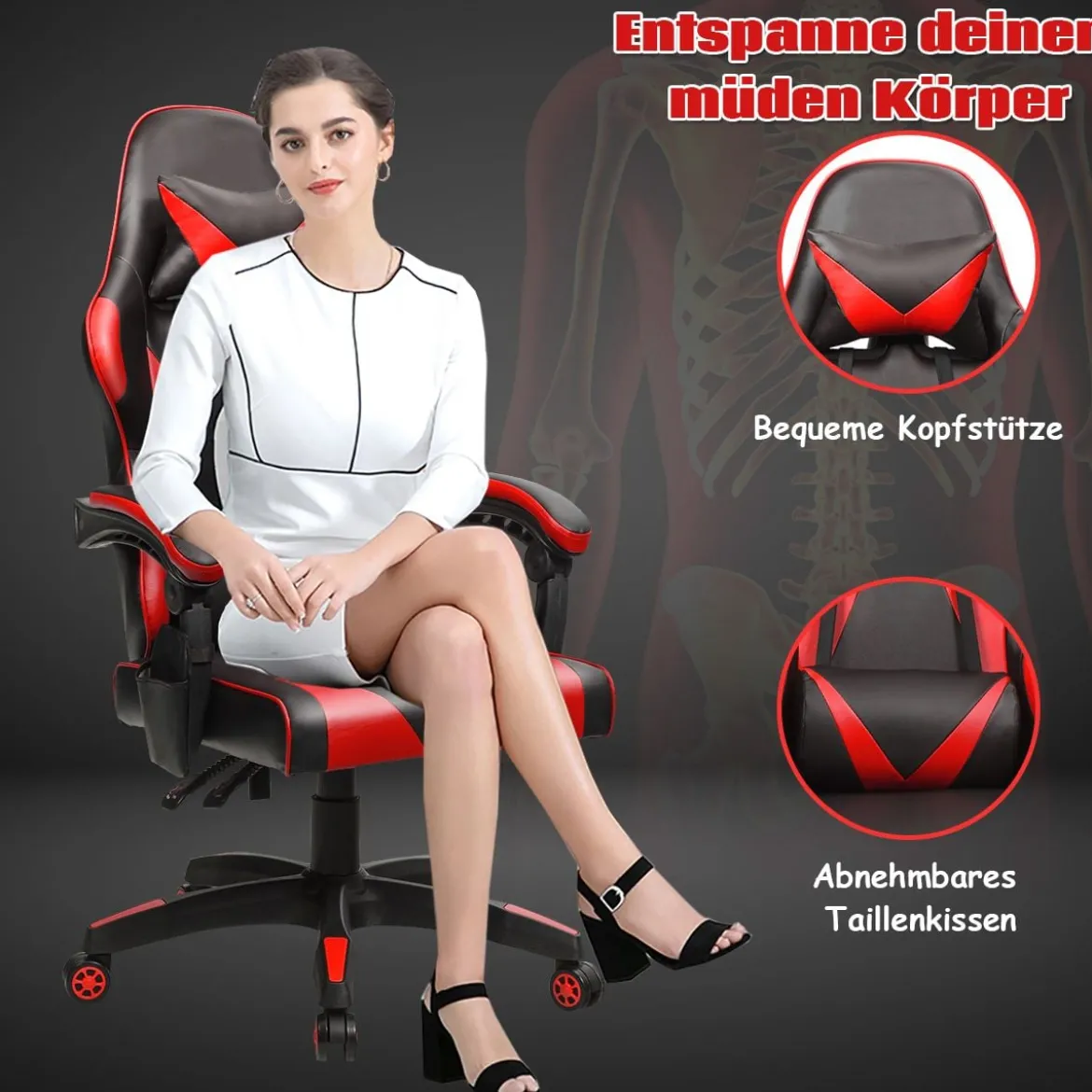 Gaming Stuhl Ergonomisch Racing Schreibtischstuhl Drehstuhl Chefsessel Bürostuhl Rot