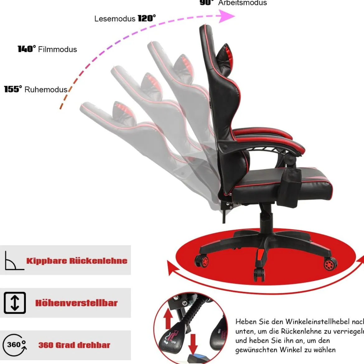 Gaming Stuhl Ergonomisch Racing Schreibtischstuhl Drehstuhl Chefsessel Bürostuhl Rot