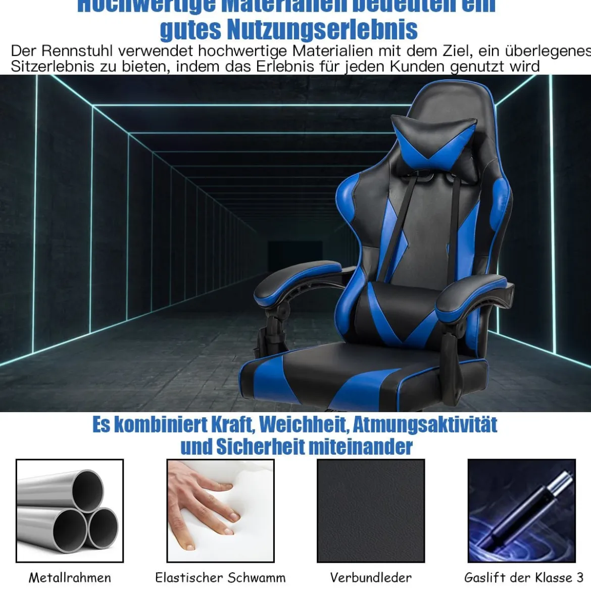Gaming Stuhl Ergonomisch Racing Schreibtischstuhl Drehstuhl Chefsessel Bürostuhl Blau
