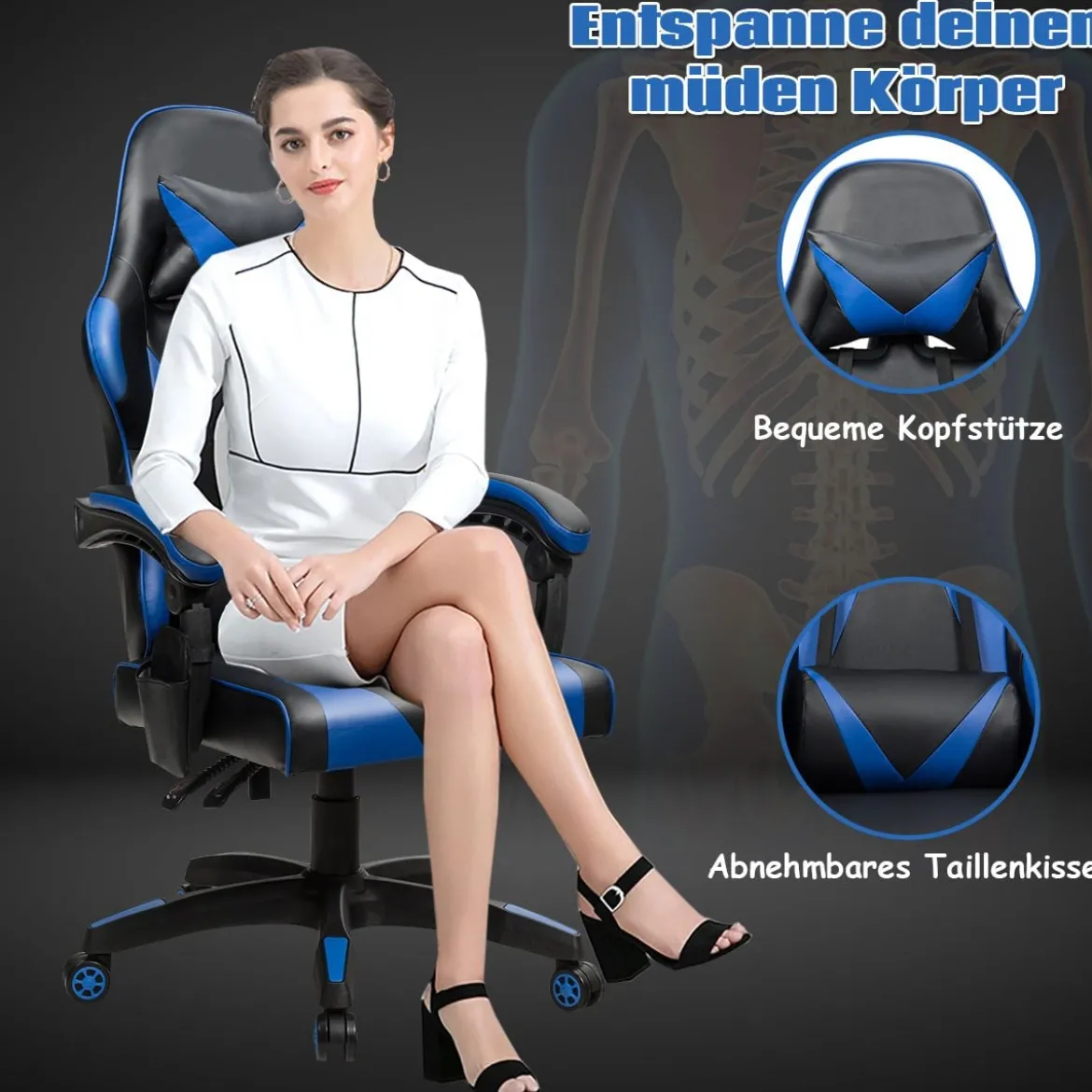Gaming Stuhl Ergonomisch Racing Schreibtischstuhl Drehstuhl Chefsessel Bürostuhl Blau