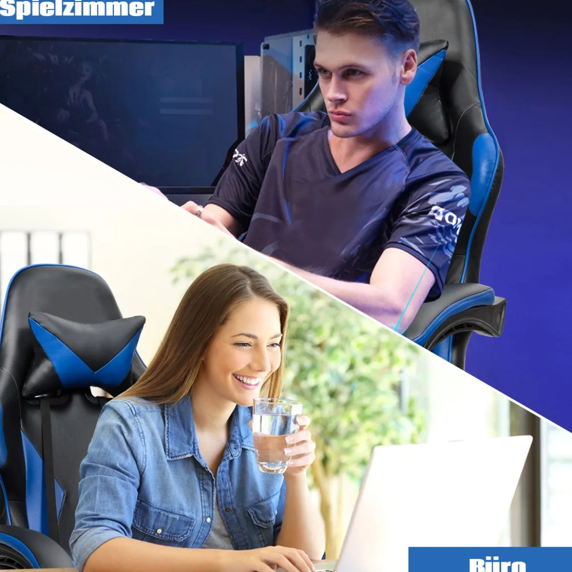 Gaming Stuhl Ergonomisch Racing Schreibtischstuhl Drehstuhl Chefsessel Bürostuhl Blau