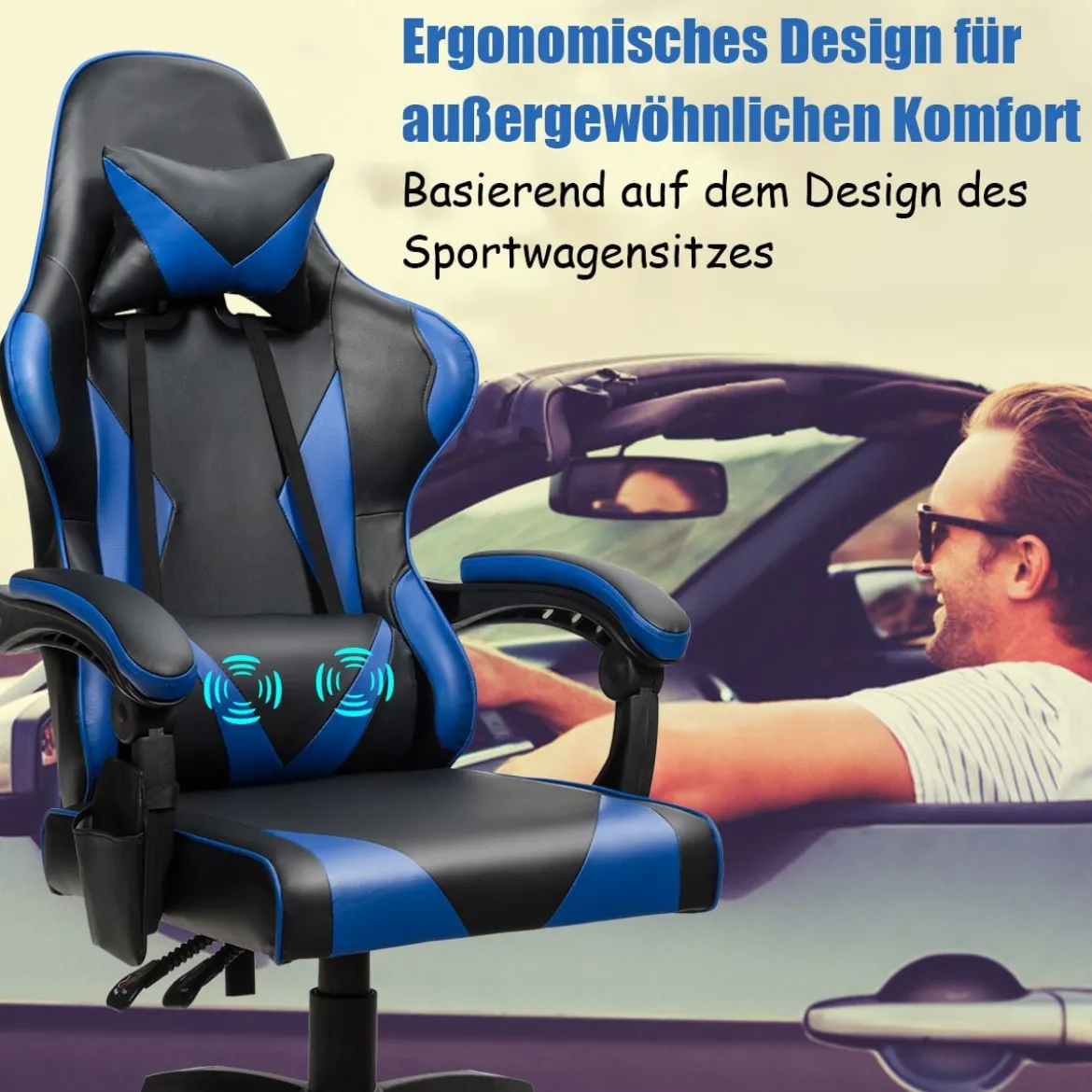 Gaming Stuhl Ergonomisch Racing Schreibtischstuhl Drehstuhl Chefsessel Bürostuhl Blau