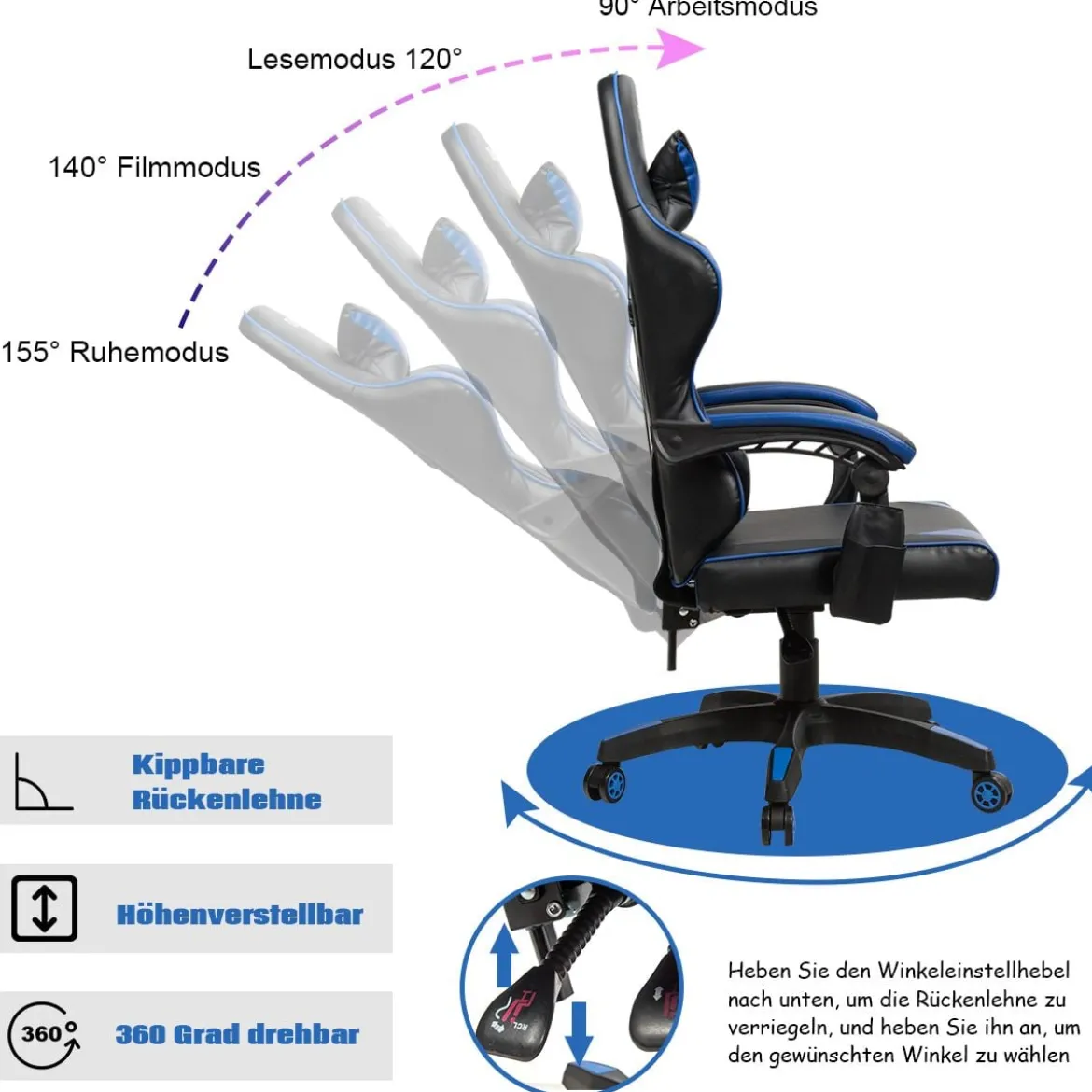 Gaming Stuhl Ergonomisch Racing Schreibtischstuhl Drehstuhl Chefsessel Bürostuhl Blau
